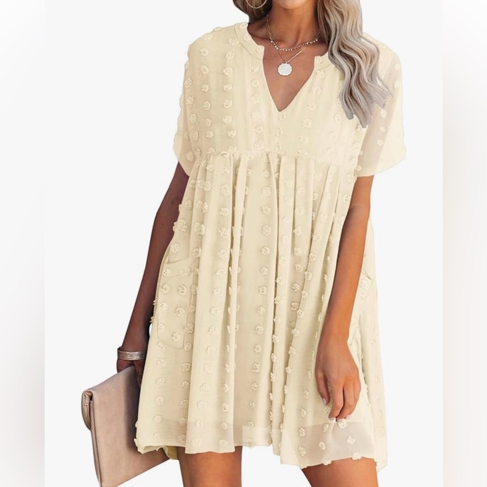 MIHOLL Women's V Neck Short Sleeve Ruffle Loose
Summer Flowy Mini Dress